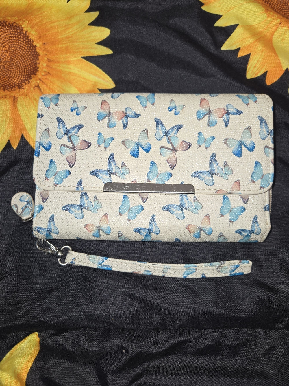 Butterfly Print Wristlet Wallet - Cream and Blue